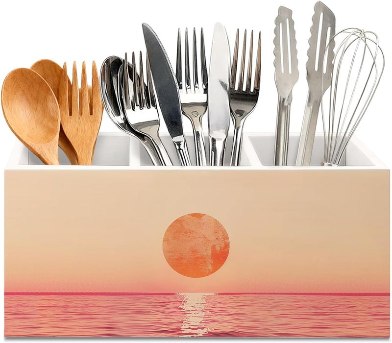 KBRCT Minimalist Ocean Sunset Wooden Utensils Holder, Pink and Orange Abstract Coastal Nature Seascape Wood Cooking Utensil Holder Organizer for Kitchen Countertop Counter Decor Accessories - Image 1
